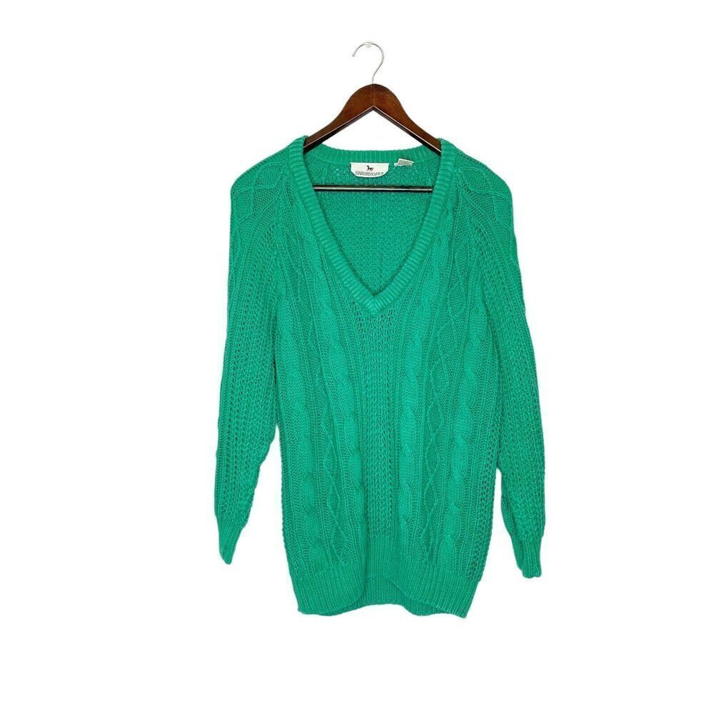 Vintage 90s M Medium Haberdasher Golf Green Open Knit‎ Sweater V-Neck Casual